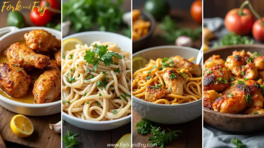 A vibrant photocollage of delicious chicken dinners, featuring roasted chicken, creamy pasta with grilled chicken, chicken salad, and stir-fry, set in a cozy kitchen with fresh herbs, lemon slices, and garlic.