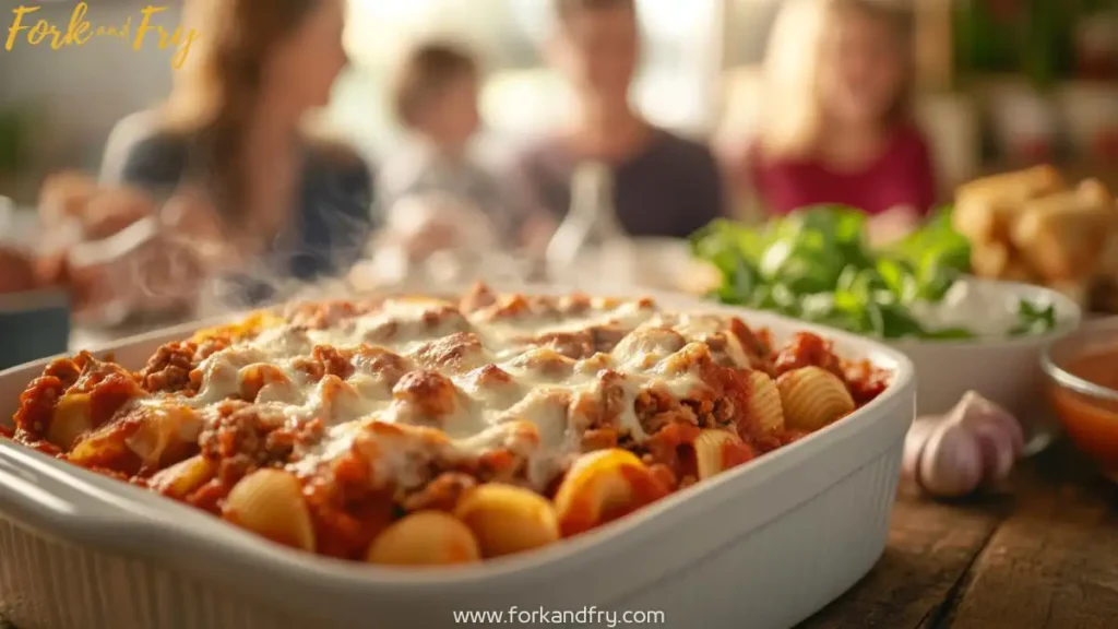 Stuffed shells with meat - Steaming casserole dish of stuffed jumbo pasta shells filled with seasoned meat, cheese, and marinara sauce, surrounded by fresh ingredients like garlic, basil, and Parmesan in a warm, cozy kitchen setting.