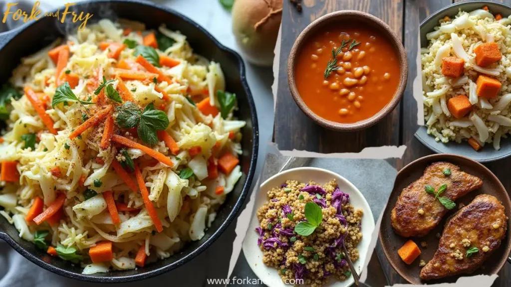 Cabbage recipes vegan enthusiasts will love this vibrant photocollage showcasing delicious plant-based dishes. Featuring cabbage stir-fry, bean soup, slaw, quinoa salad, and roasted cabbage steaks, the warm and inviting composition highlights the versatility of cabbage in vegan cooking.