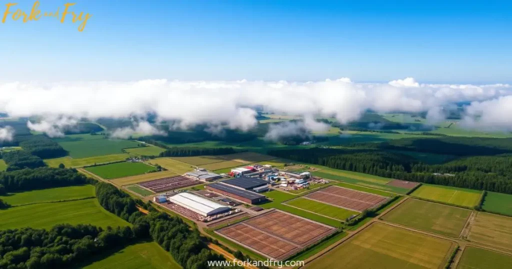 Aerial View of Animal Farm with Environmental Impact Aerial view of a sprawling animal farm with enclosures, surrounded by green fields and forests, illustrating the environmental impact of animal agriculture with rising greenhouse gases.