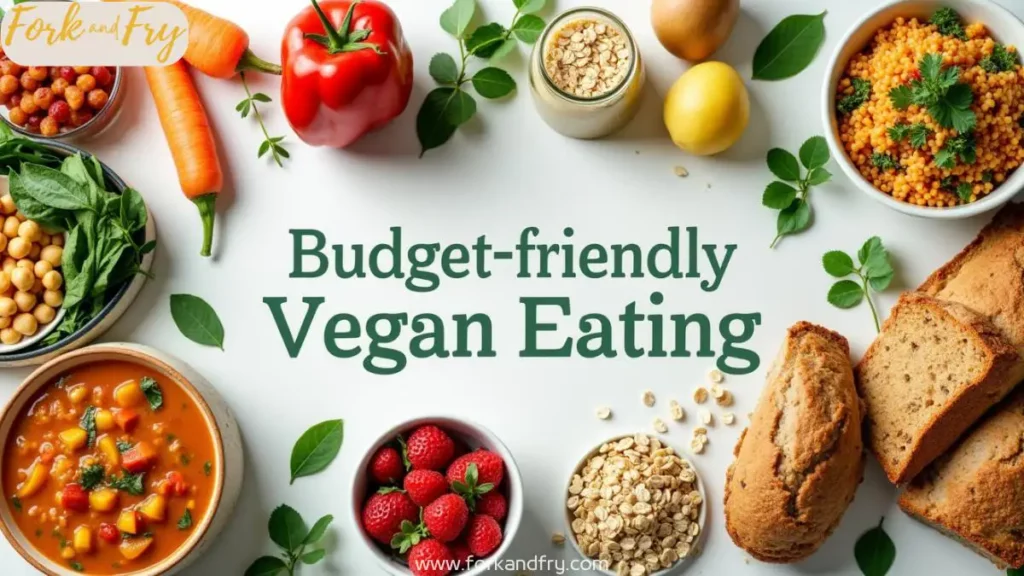 A vibrant photocollage of affordable plant-based eating, featuring budget-friendly ingredients like lentils, chickpeas, quinoa, oats, and seasonal vegetables. Includes meal prep, bulk shopping, and homemade vegan essentials.