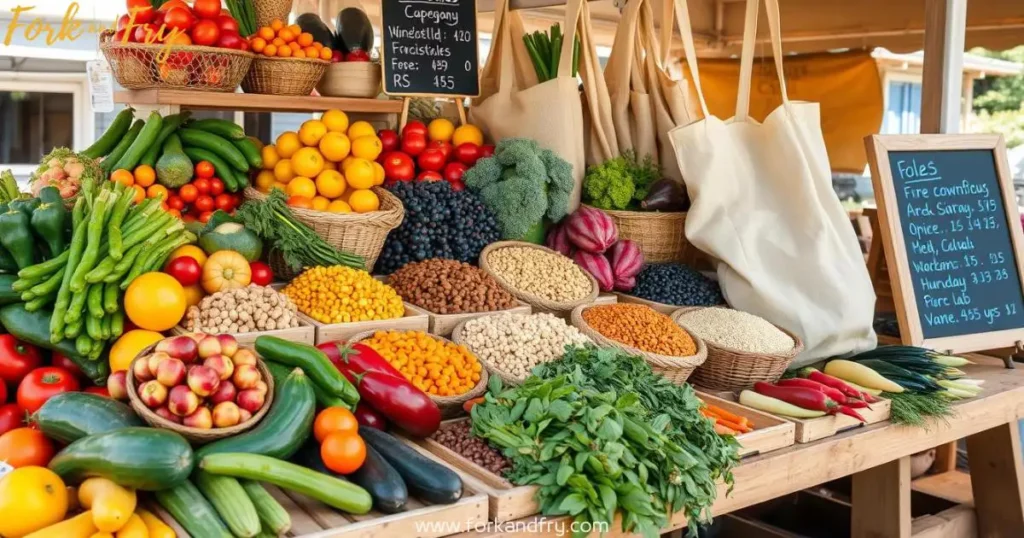 Affordable Plant-Based Marketplace: Fresh & Seasonal Produce on a Budget A vibrant outdoor marketplace featuring colorful fruits and vegetables, burlap sacks filled with legumes and grains, eco-friendly reusable bags, and a wooden table displaying seasonal produce with a chalkboard showing prices.
