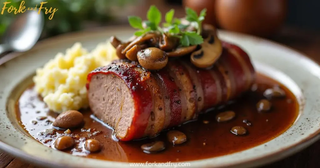 Slow-cooked venison loin wrapped in smoky bacon and topped with earthy mushrooms, served with mashed potatoes or wild rice and a velvety sauce