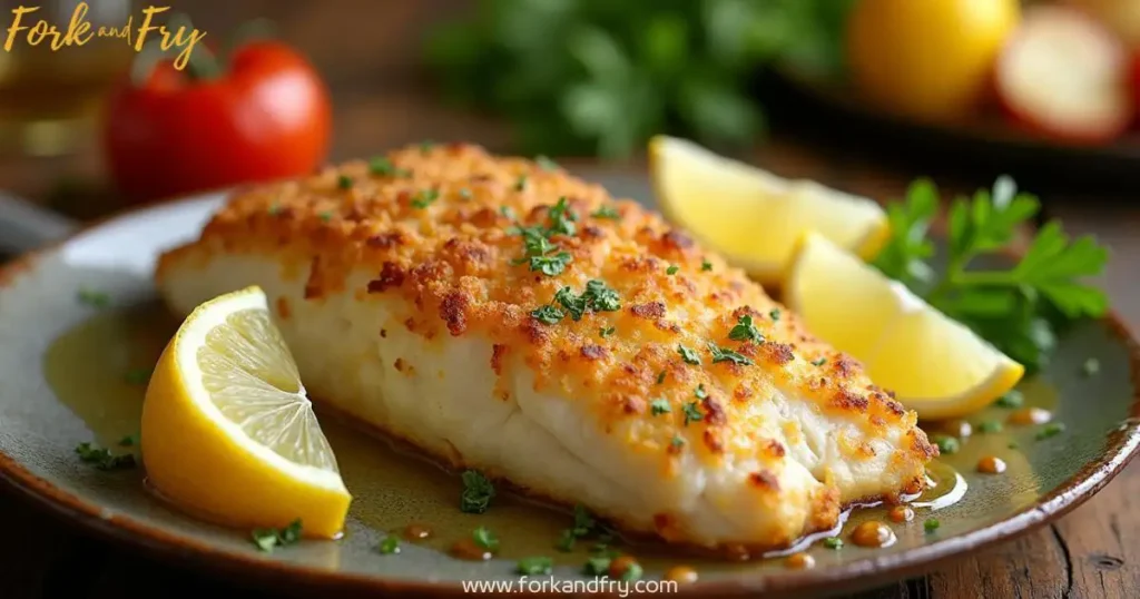 Baked grouper fillet with a golden-brown, crispy Parmesan cheese crust, garnished with fresh lemon slices and parsley on a rustic plate.