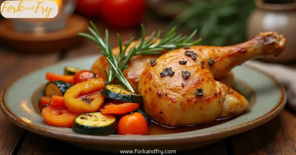Golden-brown baked split chicken breast, juicy and crispy, resting on a rustic wooden cutting board, garnished with fresh rosemary and thyme, alongside roasted vegetables and a drizzle of olive oil