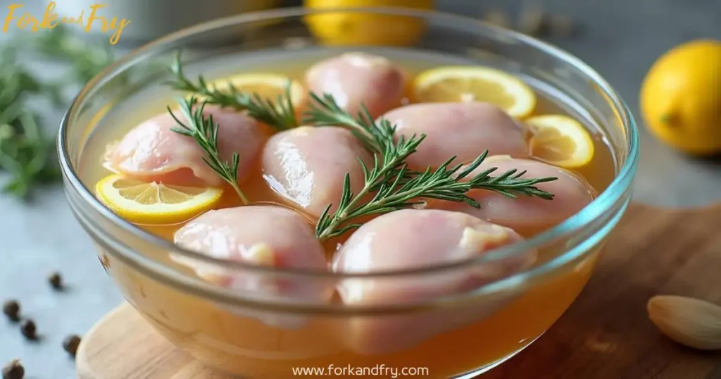How to Brine Chicken: Juicy, Flavorful Chicken with Herbs and Lemon Close-up of raw chicken pieces brining in a golden brine solution with fresh herbs (rosemary, thyme), garlic cloves, and lemon slices, showcasing how to brine chicken for juicy, flavorful results.