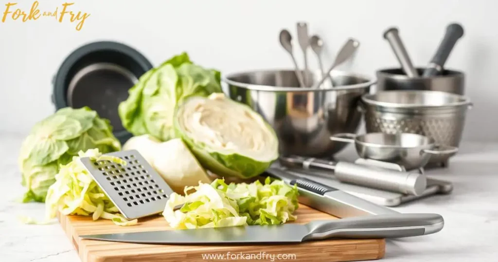 Essential Kitchen Tools for Cabbage Preparation – A Minimalist Still Life A well-lit still life of essential kitchen tools for preparing cabbage, including a chef's knife, grater, cabbage slicer, mixing bowl, colander, and measuring cups on a wooden cutting board.