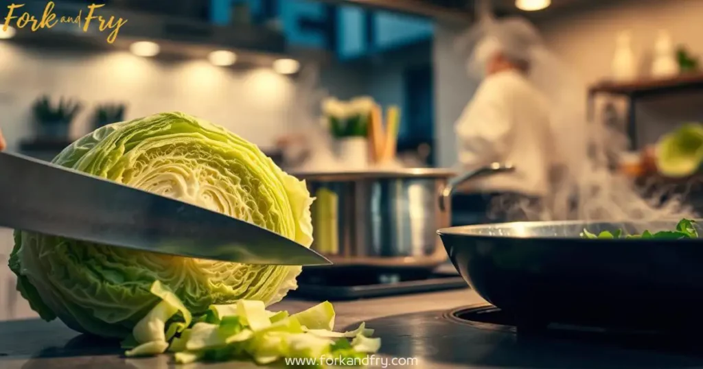 Mastering Cabbage Preparation – Slicing, Cooking, and Sautéing A well-lit kitchen countertop featuring various cabbage preparation methods. In the foreground, a chef’s knife slices through a vibrant green cabbage head. In the middle ground, a steaming pot and a sautéing pan demonstrate different cooking techniques. Soft lighting highlights the textures and colors of the ingredients, with a blurred urban kitchen in the background.