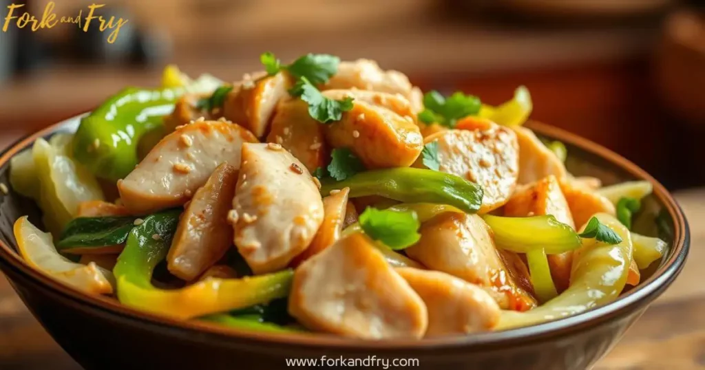 A colorful chicken and cabbage stir fry with tender chicken breast slices and vibrant green cabbage, coated in a glossy soy sauce and garnished with sesame seeds and fresh herbs, served in an elegant bowl.