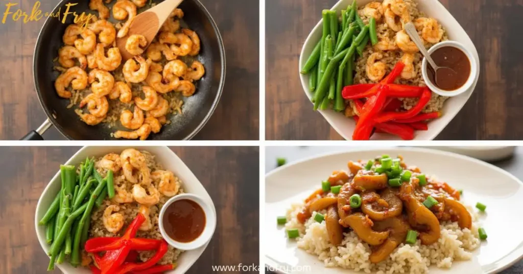 A collage showcasing variations of chicken and cabbage stir fry, featuring sizzling shrimp, vibrant bell peppers, hoisin sauce, and a plated dish with jasmine rice, sesame seeds, and green onions.