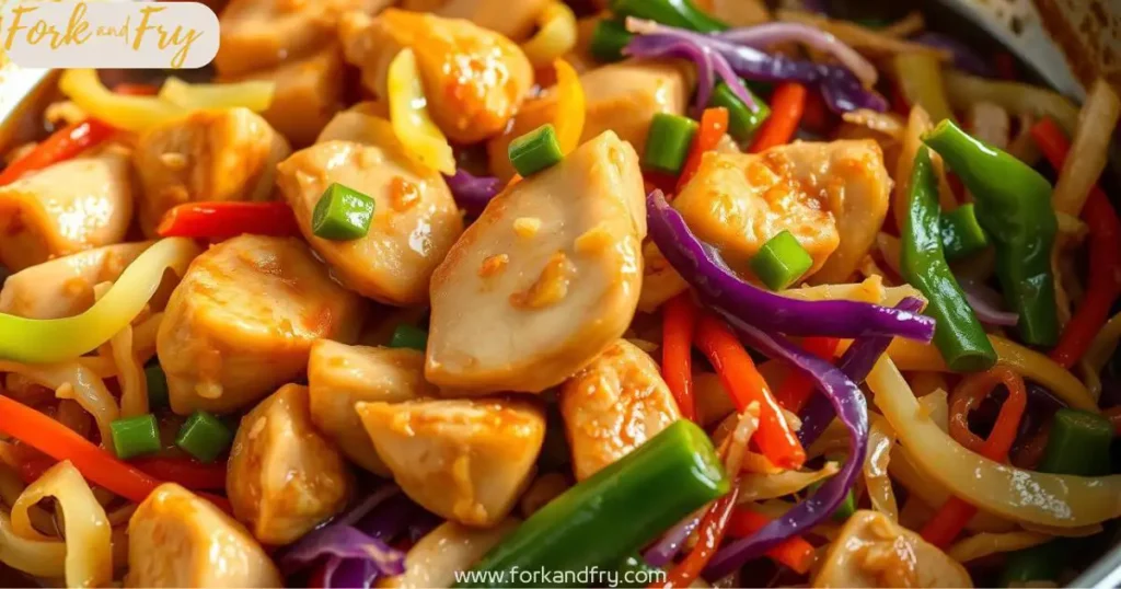 A vibrant chicken and cabbage stir fry with tender chicken pieces, colorful shredded cabbage, and fresh vegetables in a savory sauce, arranged beautifully in a skillet with steam rising and a hint of garlic and ginger aroma.