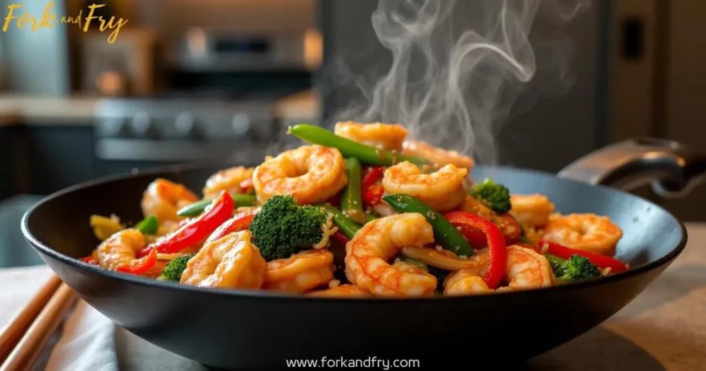 Chicken and Shrimp Stir Fry – A Flavorful Asian-Inspired Dish Delicious chicken and shrimp stir fry with bell peppers, broccoli, and snap peas in a savory soy-garlic sauce, served in a black wok with steam rising, set in a modern kitchen.
