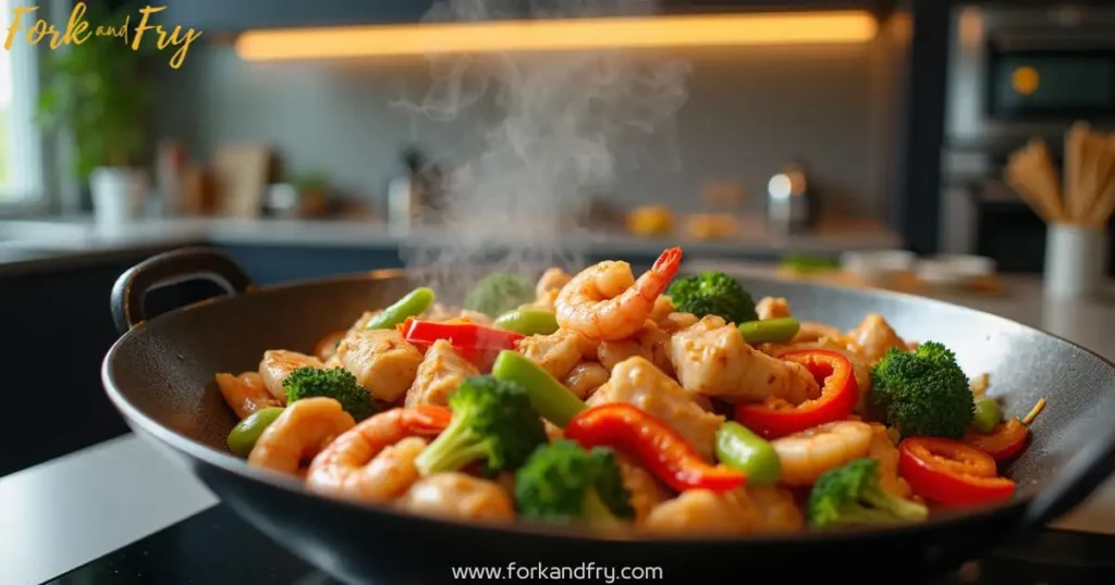 Chicken and Shrimp Stir Fry – Freshly Cooked in a Sizzling Wok Sizzling wok filled with chicken and shrimp stir fry, featuring bell peppers, broccoli, and snap peas in a modern kitchen with warm lighting and stainless steel appliances.