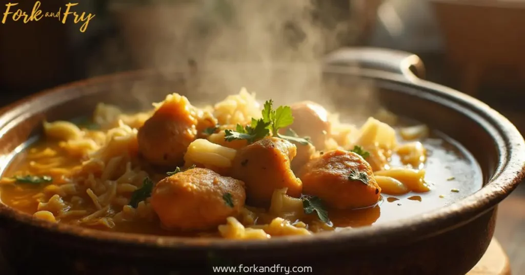 Delicious chicken and cabbage recipe in a rustic ceramic bowl, simmering in a flavorful broth with aromatic herbs, set in a cozy kitchen with warm lighting