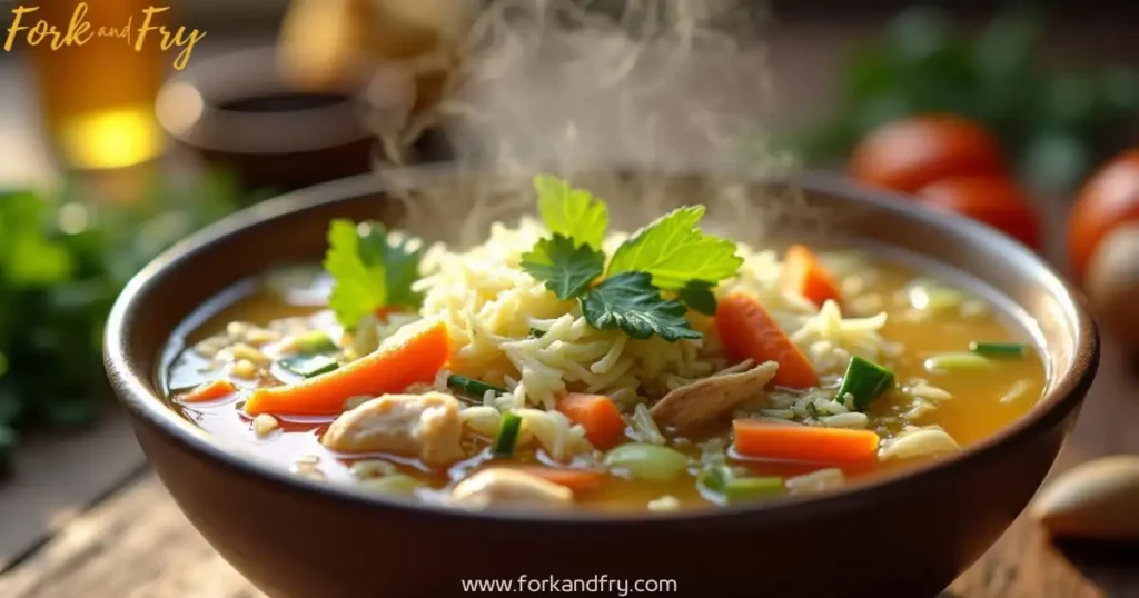 Healthy chicken cabbage soup with tender shredded chicken, vibrant cabbage, and vegetables in a golden broth, set on a rustic wooden table.