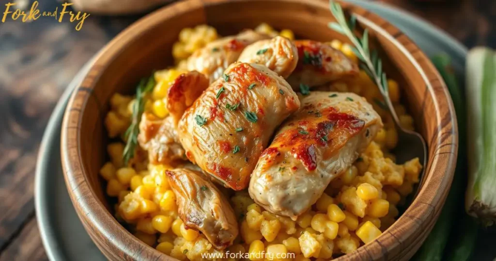A warm and inviting plate of chicken and cornbread dressing, featuring succulent roasted chicken atop a fluffy yellow cornbread mixture, garnished with fresh herbs, served in a rustic wooden bowl, surrounded by seasonal vegetables, with warm lighting enhancing the comforting atmosphere.