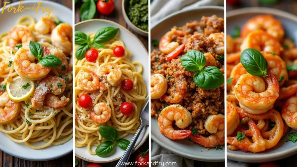 Collage of various chicken and shrimp pasta dishes, including Alfredo, lemon garlic, Cajun-spiced, and pesto, all garnished with fresh herbs, parmesan, and vibrant ingredients.