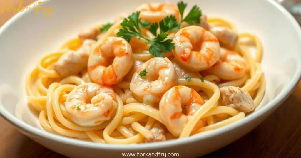 Creamy shrimp and chicken Alfredo pasta served in an elegant white bowl, garnished with fresh parsley, with a rich sauce glistening under soft lighting.