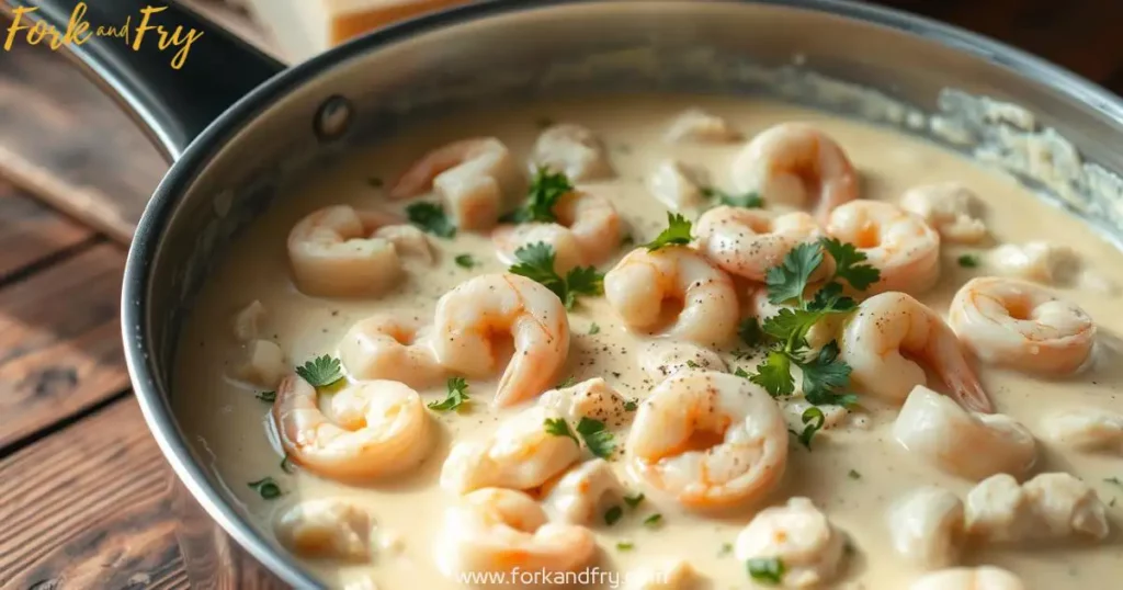 A rich and creamy shrimp and chicken Alfredo sauce in a stainless steel saucepan, garnished with parsley, black pepper, and Parmesan cheese on a rustic wooden countertop.