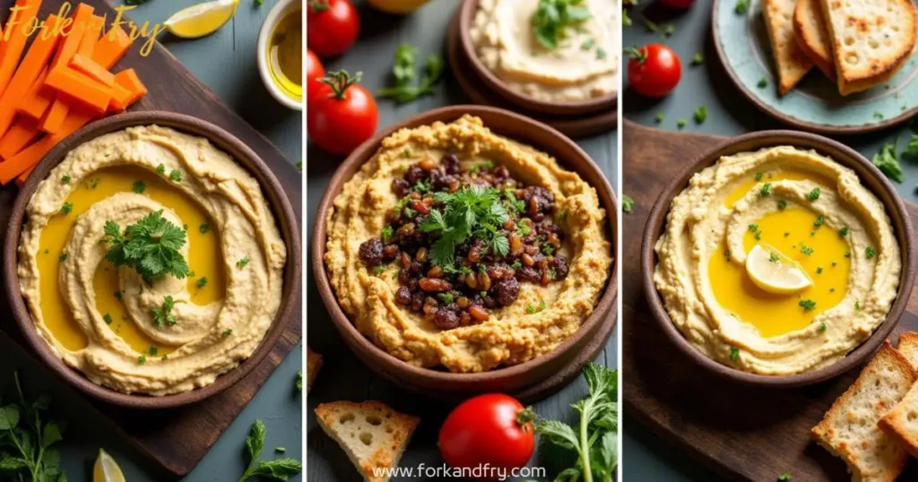 Photomontage of creamy plant-based dips including hummus, Sicilian eggplant caponata, and Mediterranean eggplant dip on a rustic wooden table.