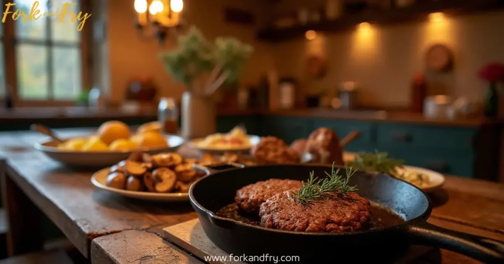 A sizzling venison patty on a cast-iron skillet, garnished with fresh thyme, accompanied by roasted potatoes, sautéed mushrooms, and rich venison gravy on a rustic wooden table, with a cozy country-style kitchen in the background