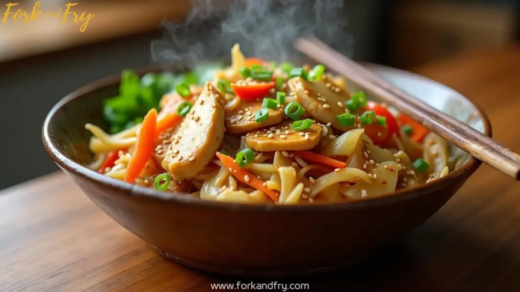A beautifully plated chicken and cabbage stir fry in a rustic bowl, featuring golden-brown chicken, vibrant cabbage, carrots, and red bell peppers, garnished with sesame seeds and green onions. Steam rises from the dish with wooden chopsticks on the side.