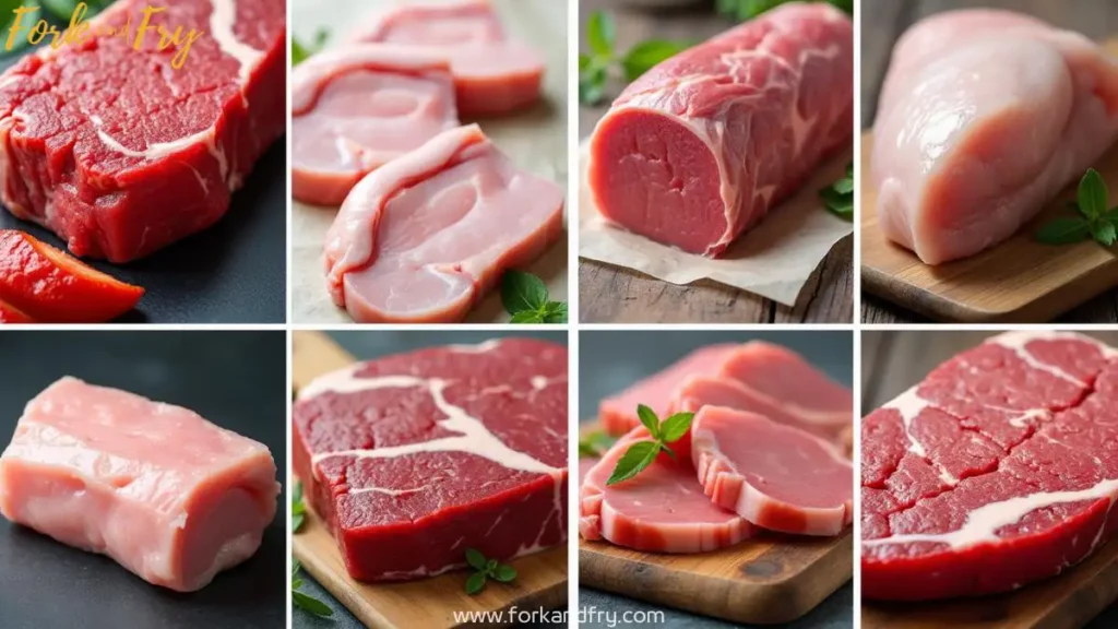 Fresh meat collage displaying beef steak, chicken breast, and pork with clear signs of quality and freshness