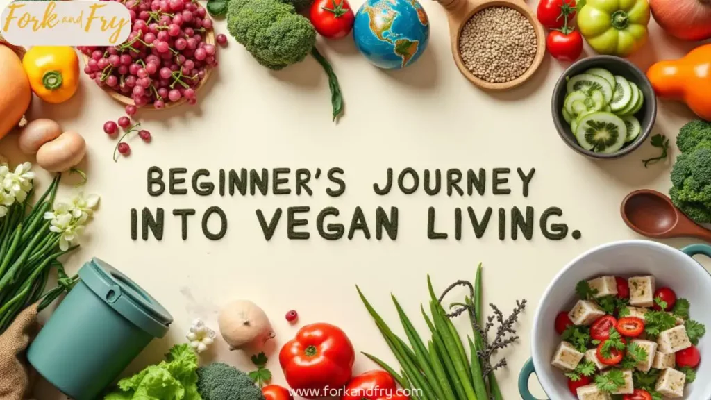 A vibrant collage showcasing a beginner’s journey into vegan living, featuring fresh plant-based foods, eco-friendly kitchen tools, and sustainable living elements.