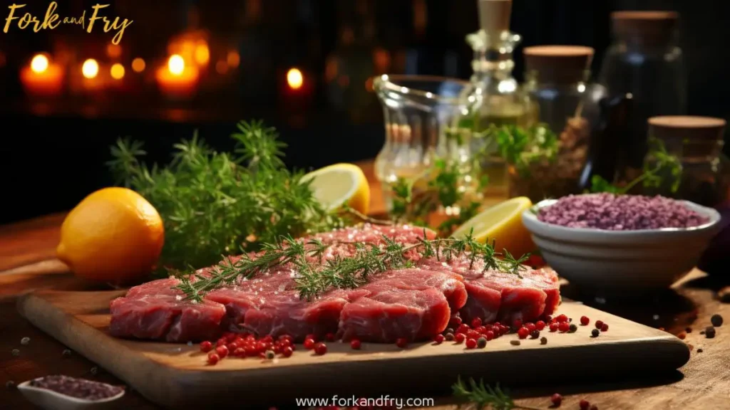 Raw ground deer meat on a rustic kitchen counter with fresh herbs, spices, and ingredients like avocado oil for cooking venison