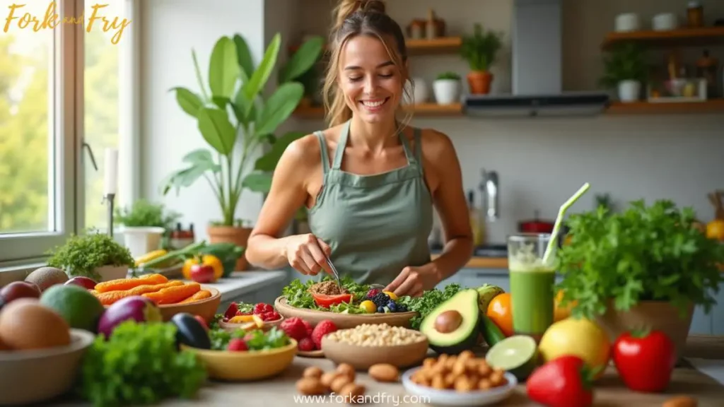 Happy family enjoying a vegan meal in a lush garden with fresh salads, grilled vegetables, and fruits. The setting emphasizes a plant-based, sustainable lifestyle.