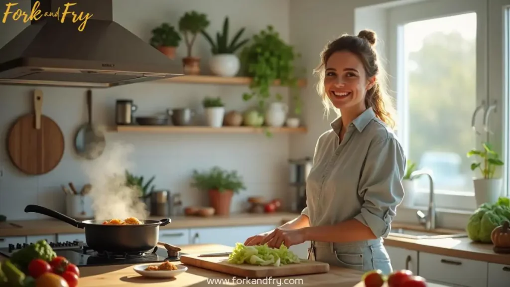 A joyful woman preparing a chicken and cabbage dish in a modern kitchen, cutting cabbage on a wooden board with spices, fresh peppers, and tomatoes nearby