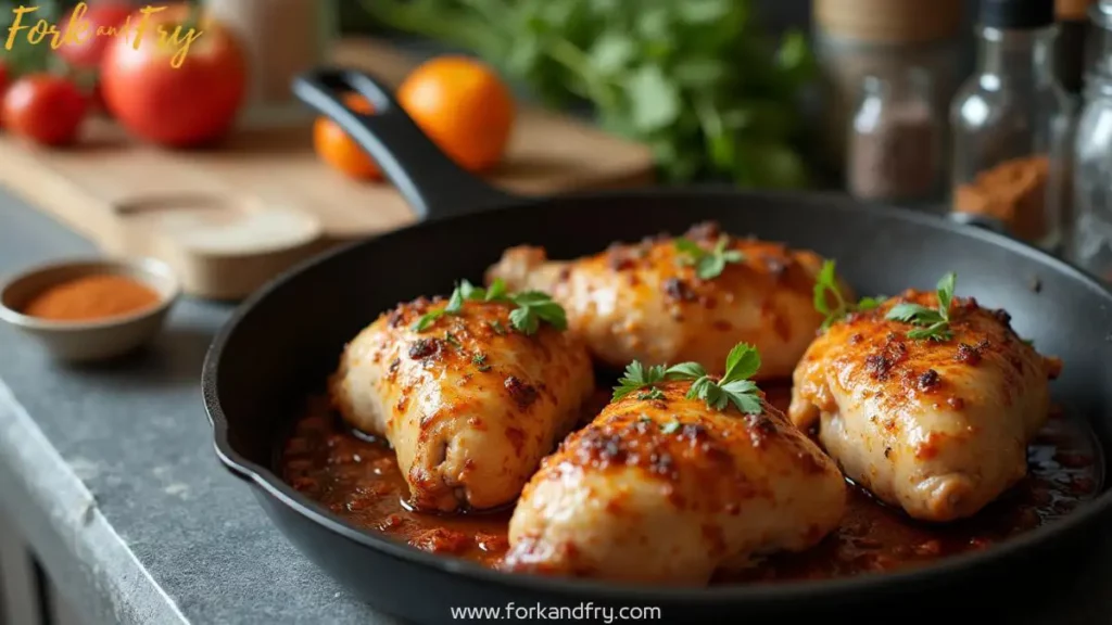 A sizzling pan with golden-brown, juicy chicken garnished with fresh herbs in a modern kitchen, surrounded by spices and fresh ingredients.
