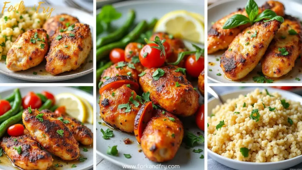 Fork and fry A vibrant photo collage of delicious low-carb chicken recipes including garlic butter chicken thighs, crispy parmesan-crusted chicken, Mediterranean-inspired chicken kabobs, and creamy French garlic chicken, paired with fresh salads, roasted vegetables, and cauliflower rice.