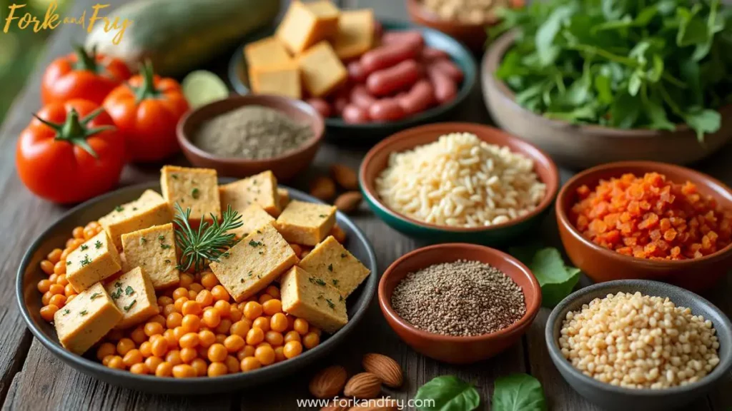 A variety of plant-based protein sources arranged on a wooden table, including lentils, chickpeas, kidney beans, tofu, tempeh, quinoa, brown rice, nuts, and seeds, with warm natural lighting.