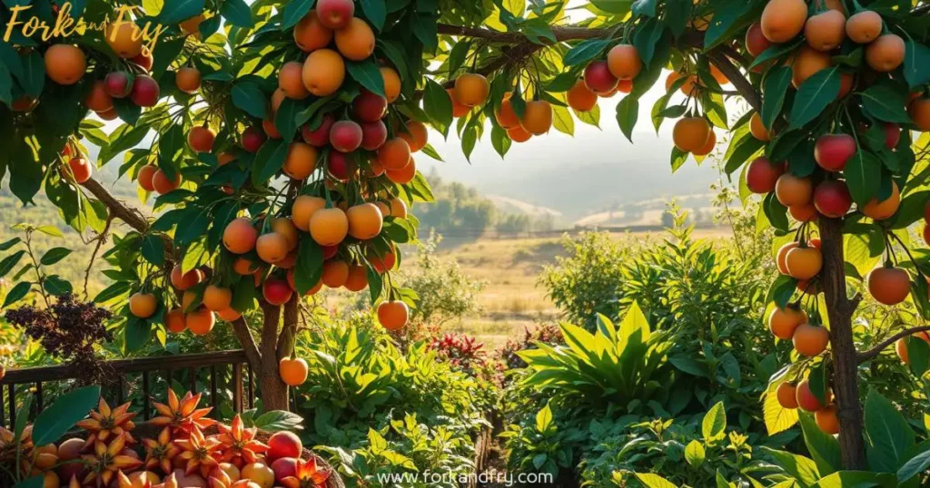A lush, vibrant garden filled with colorful vegetables and leafy greens, with a single fruit-bearing tree under warm sunlight, symbolizing the abundance and vitality of a plant-based diet.
