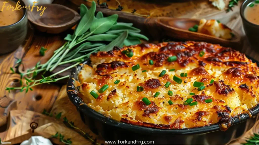 Golden-brown Southern chicken and dressing with crumbled cornbread, shredded chicken, and gravy