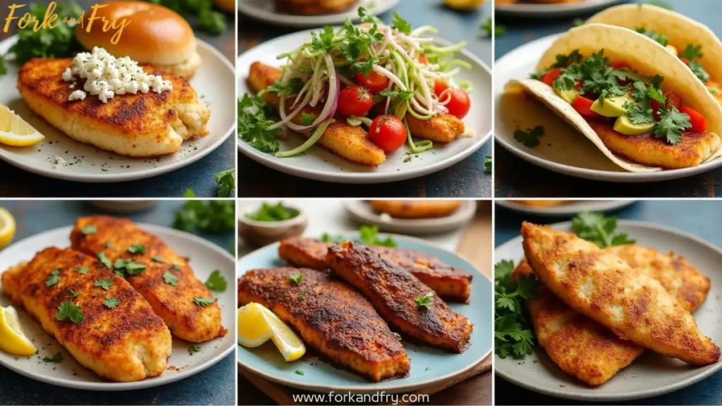 A colorful food collage featuring grouper fish tacos with avocado salsa, crispy grouper sandwiches with remoulade, grilled grouper with roasted vegetables, and blackened Cajun grouper.