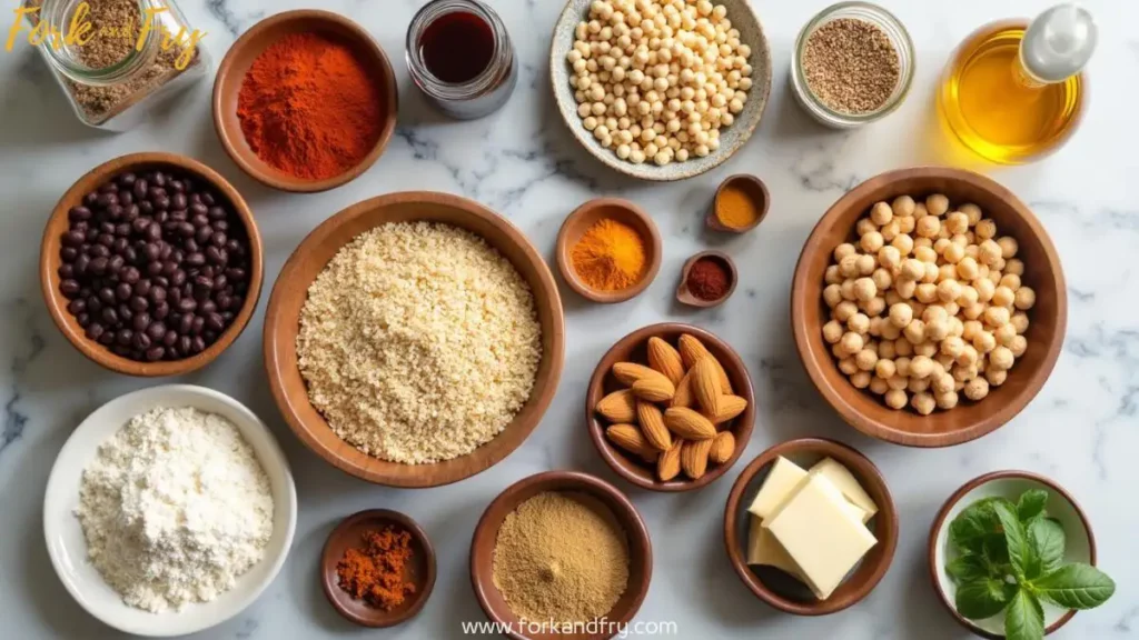 A photo collage of essential vegan pantry staples, including whole grains, legumes, nuts, seeds, spices, plant-based condiments, and baking essentials arranged in glass jars, wooden bowls, and ceramic plates, with soft natural lighting.