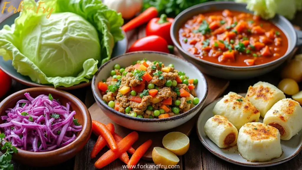 A colorful photomontage of vegetarian cabbage recipes, featuring slaws, soups, stuffed cabbage rolls, stir-fries, and grilled cabbage wedges, with fresh green, red, and Savoy cabbage surrounded by carrots, bell peppers, potatoes, and herbs