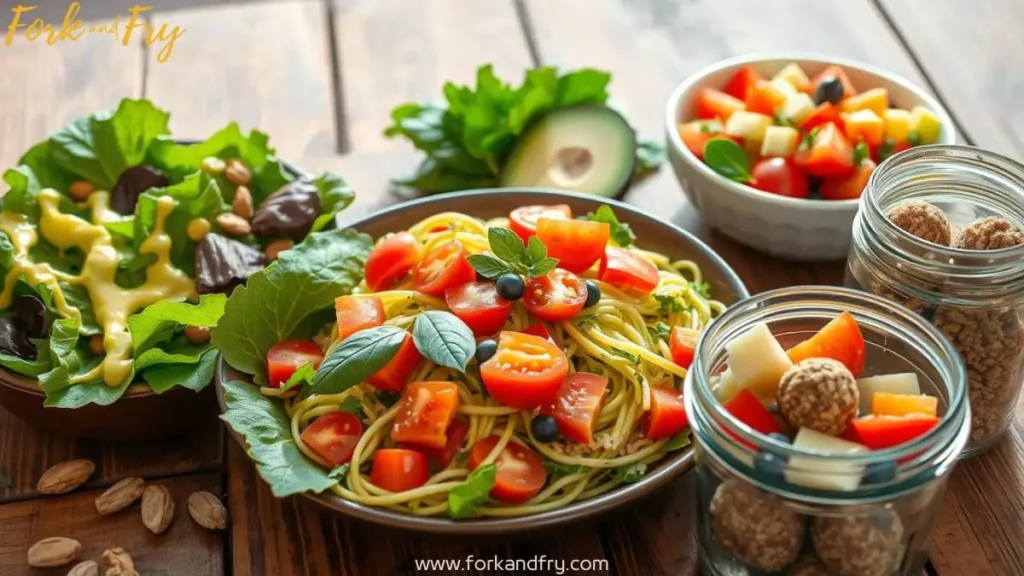 Raw vegan Recipes - A vibrant assortment of raw vegan dishes, including green salad, zucchini noodles, rainbow fruit salad, and energy balls, arranged on a rustic wooden table with natural sunlight.