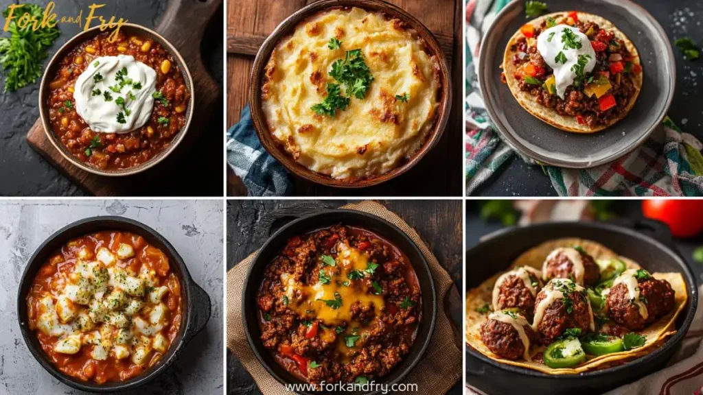 A professional photo collage showcasing 6 mouthwatering ground deer meat dishes, each with distinct textured backgrounds, including venison shepherd's pie, venison chili, deer meat tacos, venison burgers, stuffed bell peppers, and venison meatballs.