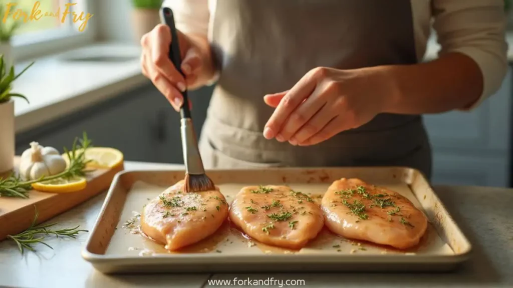Woman preparing thin chicken breasts on a baking tray, brushing marinade with herbs and spices in a bright, modern kitchen.