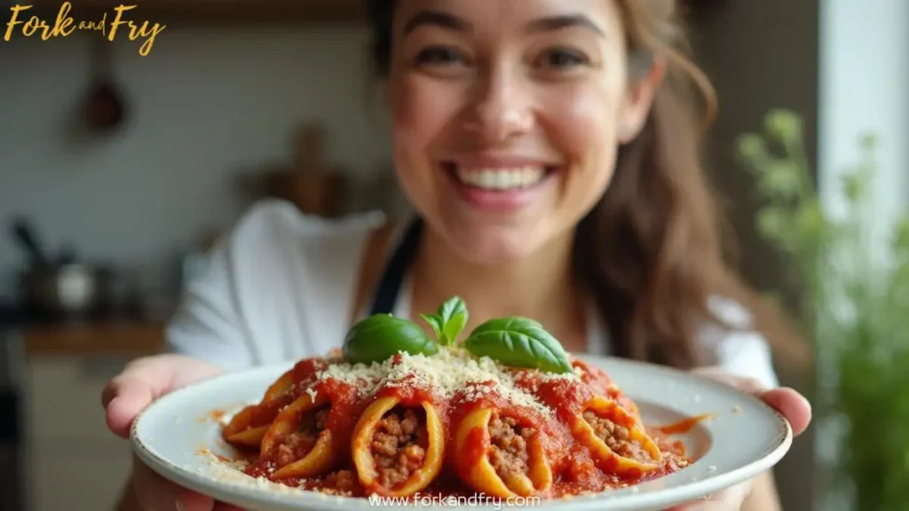 A cheerful woman in a modern kitchen presenting a plate of beef-stuffed pasta shells, topped with marinara sauce, melted mozzarella, and fresh basil, with kitchen utensils nearby
