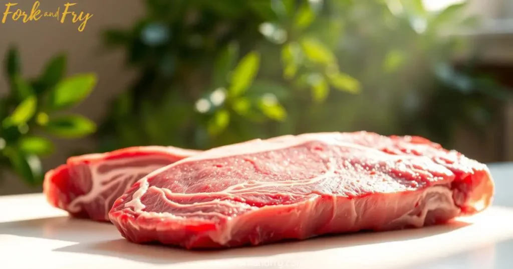 Close-up of freshly butchered meat on a white surface, illuminated by soft natural light, highlighting its red hue, smooth texture, and marbling