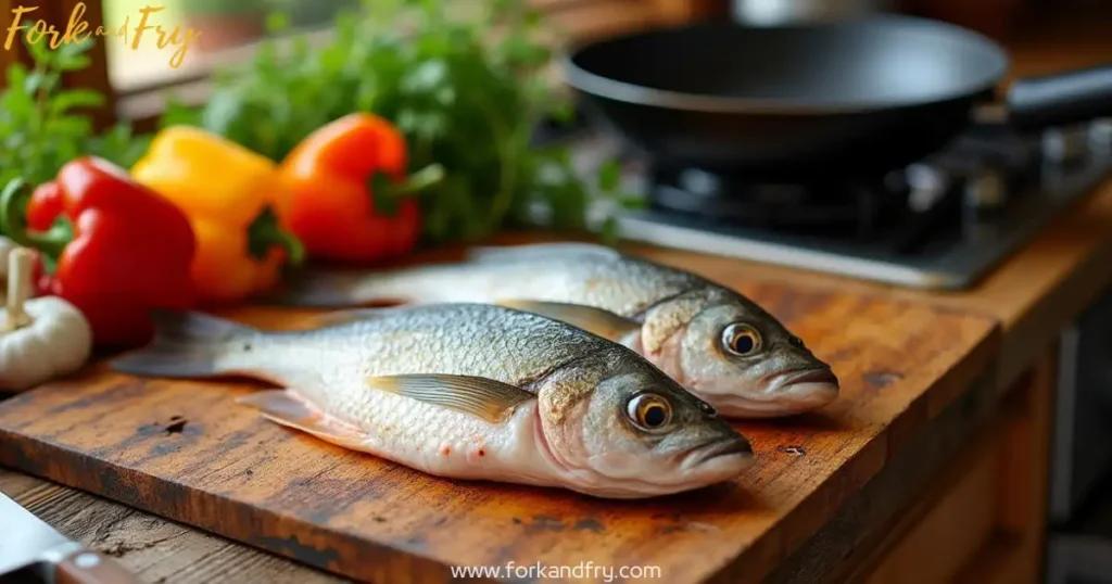 Fresh grouper fillets on a rustic wooden cutting board surrounded by colorful vegetables, fresh herbs, and a sharp knife, with a frying pan preheating in the background.