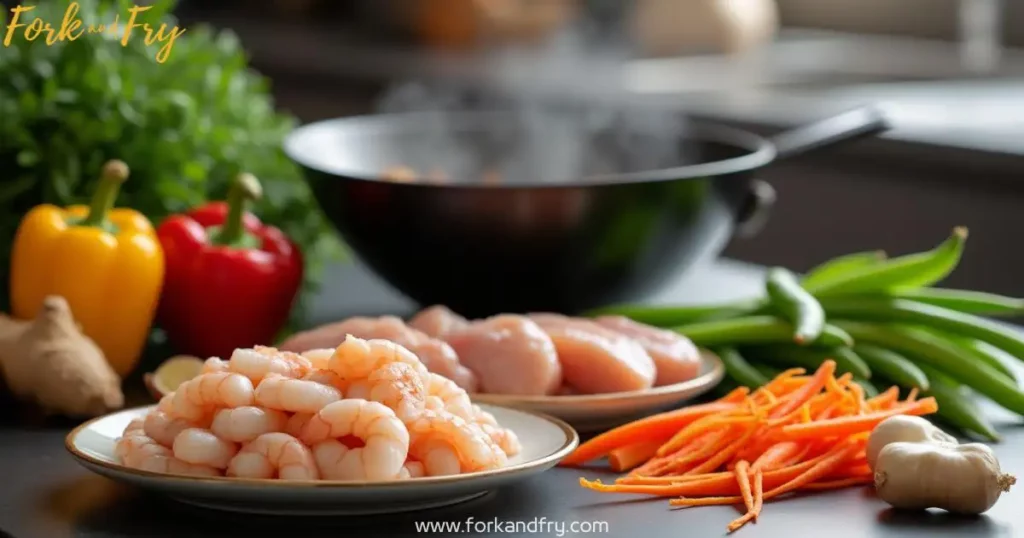 Fresh Ingredients for Chicken and Shrimp Stir Fry – Ready for Cooking Fresh ingredients for chicken and shrimp stir fry, including raw shrimp, diced chicken, vegetables, garlic, ginger, and soy sauce on a modern kitchen countertop with a sizzling wok in the background