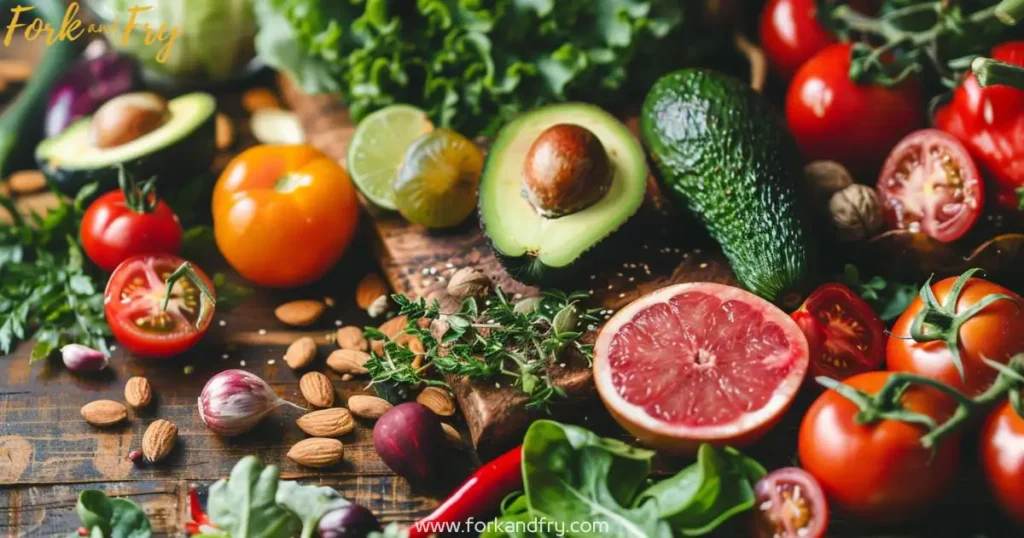 Vibrant Raw Vegan Ingredients on a Rustic Wooden Table A vibrant assortment of fresh raw vegan ingredients including avocados, tomatoes, bell peppers, leafy greens, nuts, and seeds, captured with natural soft lighting.