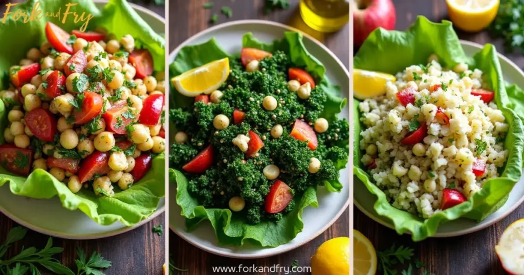 Photomontage of fresh vegan salad appetizers, including fennel salad, kale and apple salad, and tabbouleh in lettuce cups on a rustic wooden table.