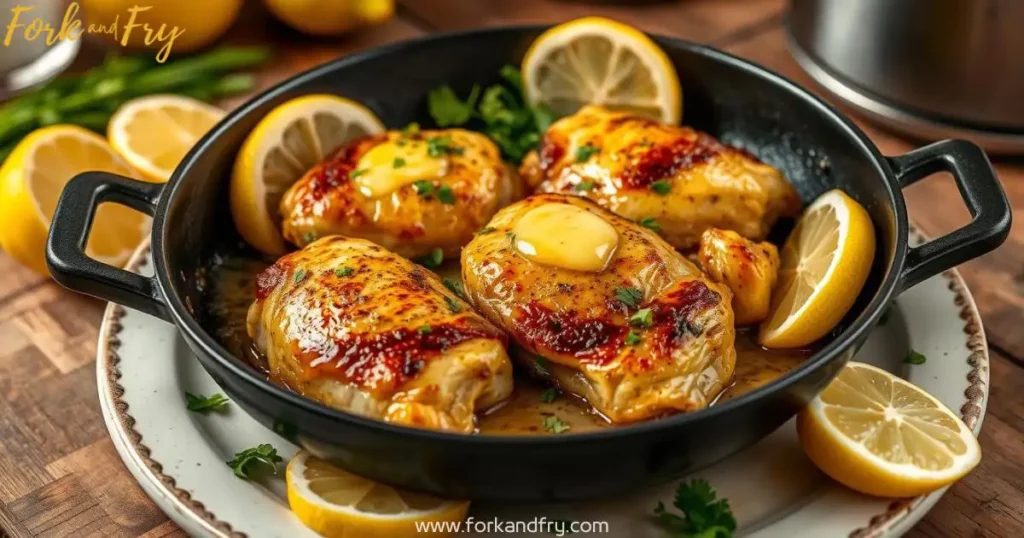 A beautifully plated dish of garlic butter chicken thighs, golden brown and sizzling in a skillet, surrounded by fresh lemon slices and chopped parsley, set against a rustic wooden table with a warm kitchen ambiance.