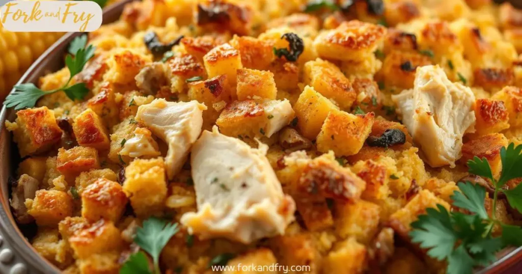 A warm, golden-brown cornbread dressing filled with tender chicken, herbs, and vegetables, served in a rustic dish, surrounded by fresh corn and parsley, with soft lighting enhancing its texture and warmth.